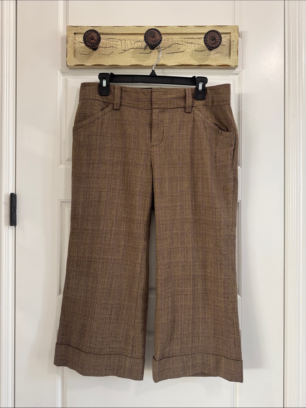 Club Monaco Brown Plaid Cropped Wide-Leg Dress Pants Wool Blend Size 8